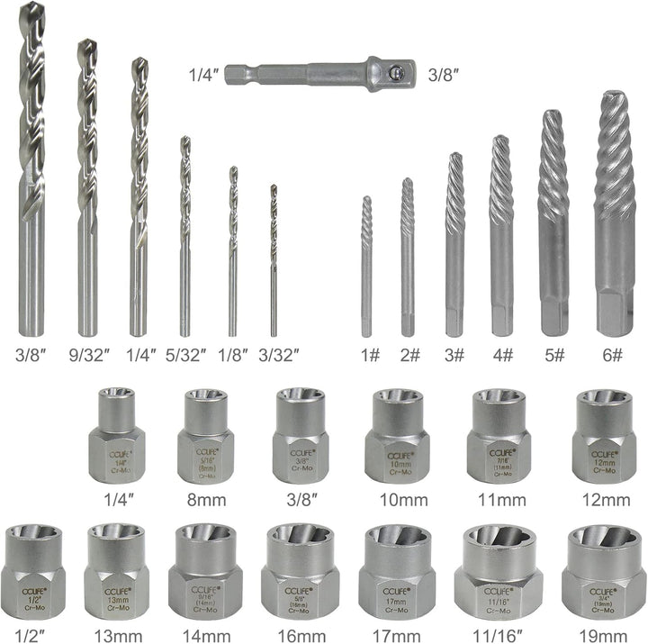 CCLIFE Schraubenausdreher Set 26tlg 3/8" CR-MO Turbonüsse 8-19mm | Linksausdreher Stecknüsse zum Ent