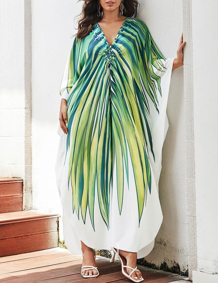 Bsubseach Frauen Plus Grösse Kaftan Kleid Badeanzug Druck Kaftan Strand Cover Up Kleid Green Leaf, G