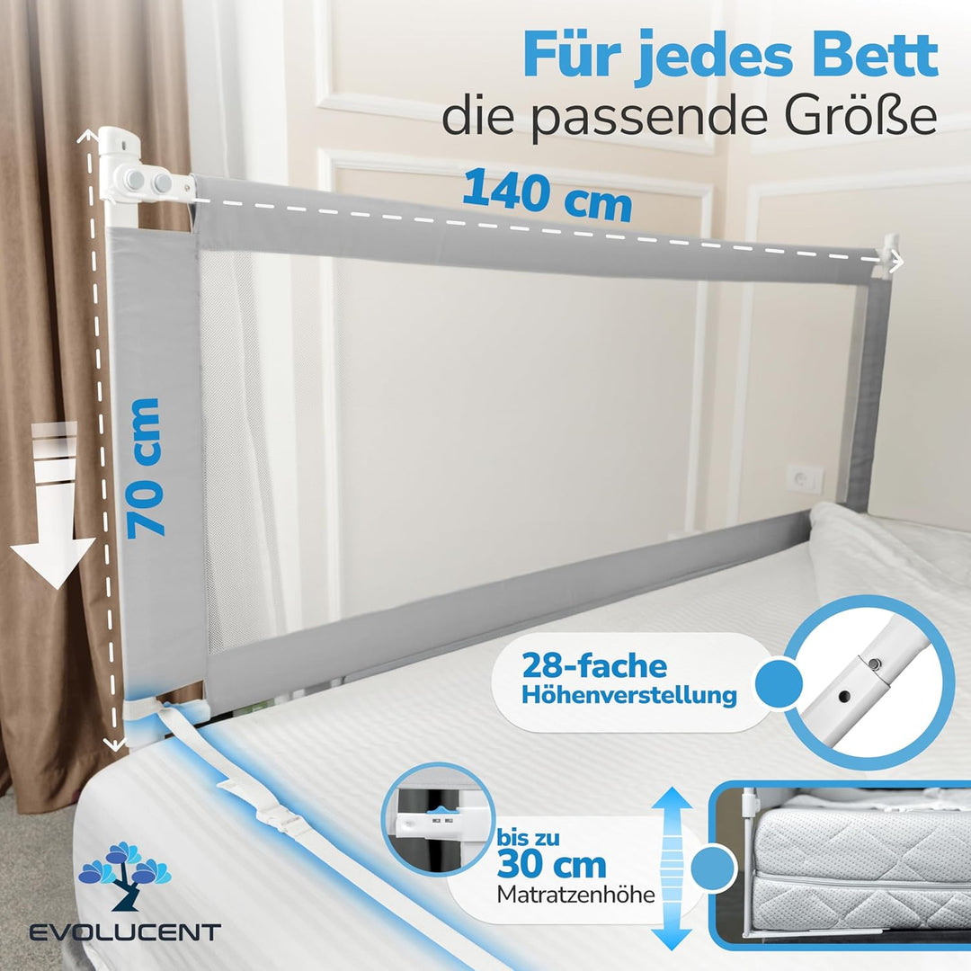 EVOLUCENT Bettgitter 140cm | Stabil ohne Verschrauben | Rausfallschutz für Boxspringbett, Kinderbett
