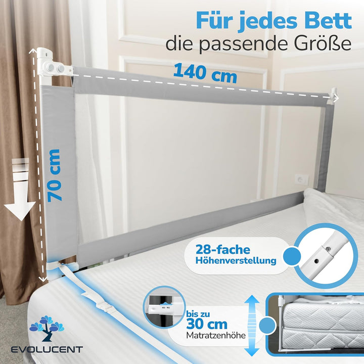 EVOLUCENT Bettgitter 140cm | Stabil ohne Verschrauben | Rausfallschutz für Boxspringbett, Kinderbett