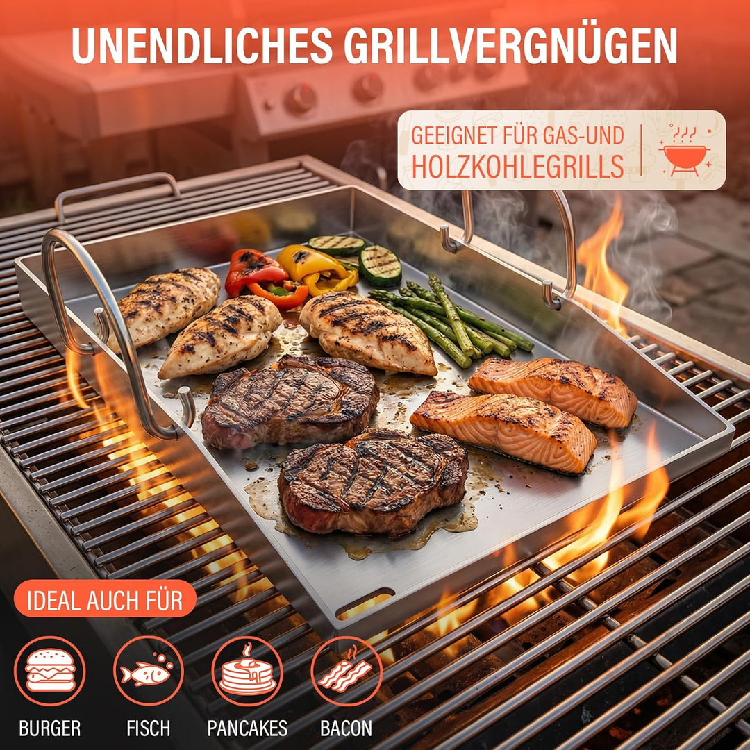 Premium Plancha Grillplatte 40×30 cm – 4 mm Edelstahl, inkl. 3 Grillwerkzeuge &amp; 30 Fettabsorptionspa