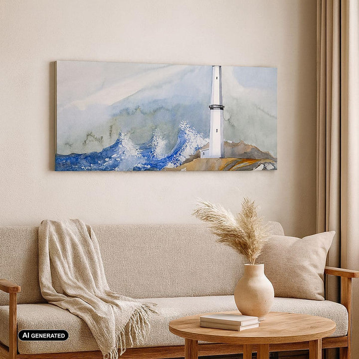 Bilder auf Leinwand 100x40cm Leinwandbild Leuchtturm Wasser Illustration Welle Gross Wanddeko Bild S