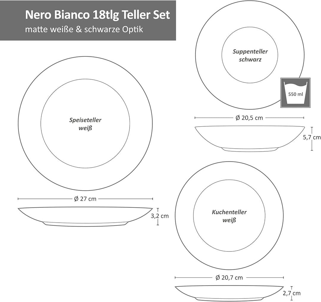 MamboCat Nero Bianco 18-TLG. Teller Set I 6 Personen I weisses & schwarzes Geschirr, matt I Speisete
