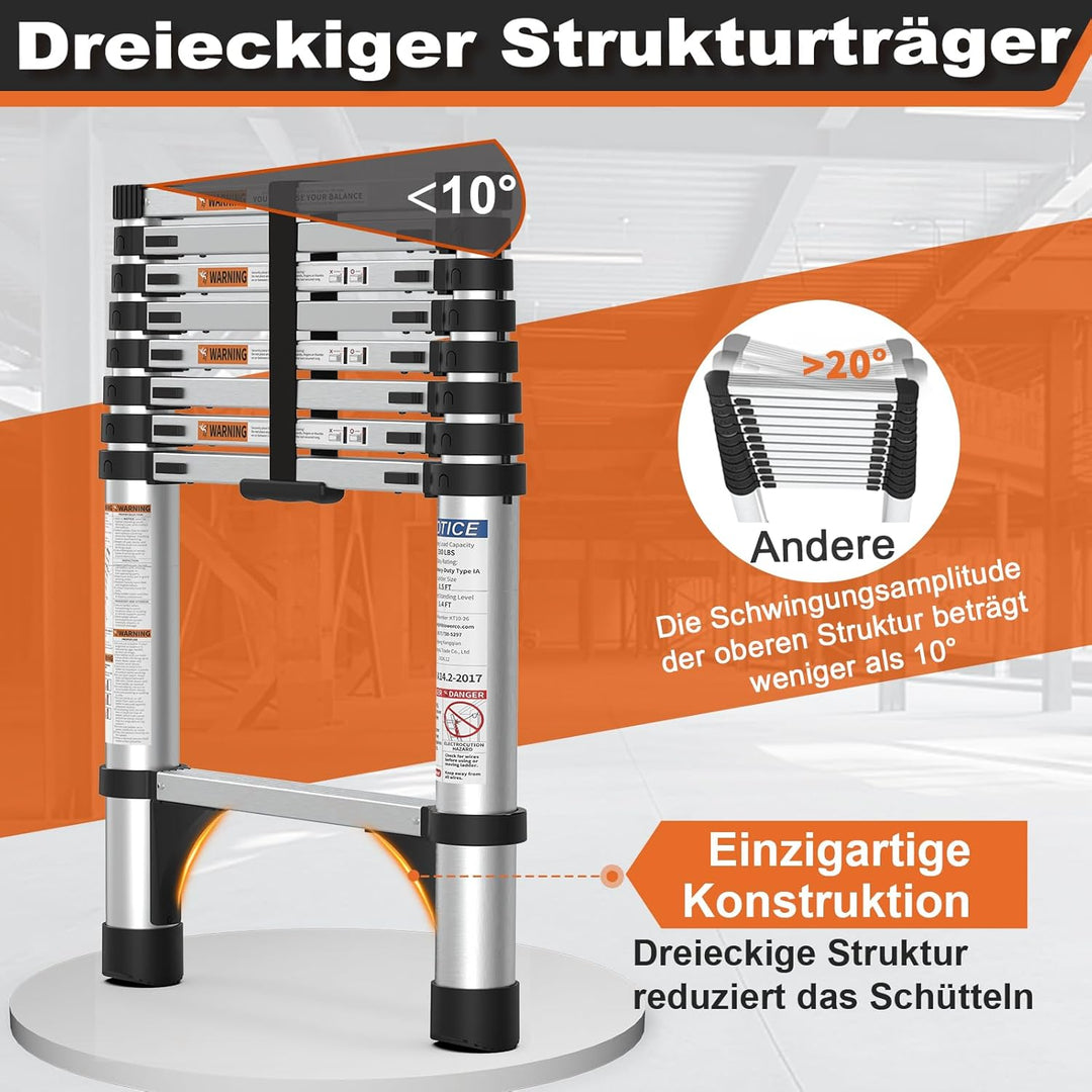 2,6m Teleskopleiter mit rutschfesten Füssen, HBTower Leichte Ausziehleiter, Leiter Ausziehbar, klapp