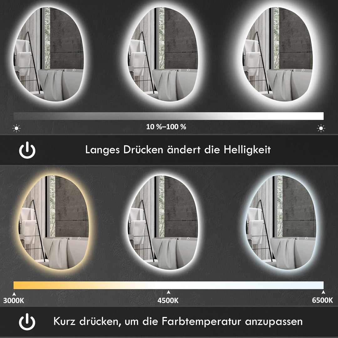 HOMCOM Badspiegel mit Beleuchtung 80 x 60 cm LED Badezimmerspiegel Dimmbar mit 3 Lichtfarben Touch-S