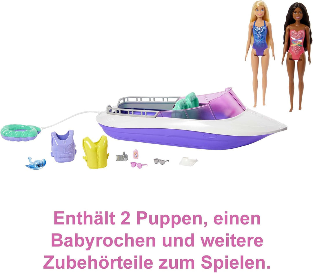 Barbie Malibu Roberts & Brooklyn Puppe - 45,7 cm Schnellboot, 4 Puppen Platz, Glasboden, Schwimmreif