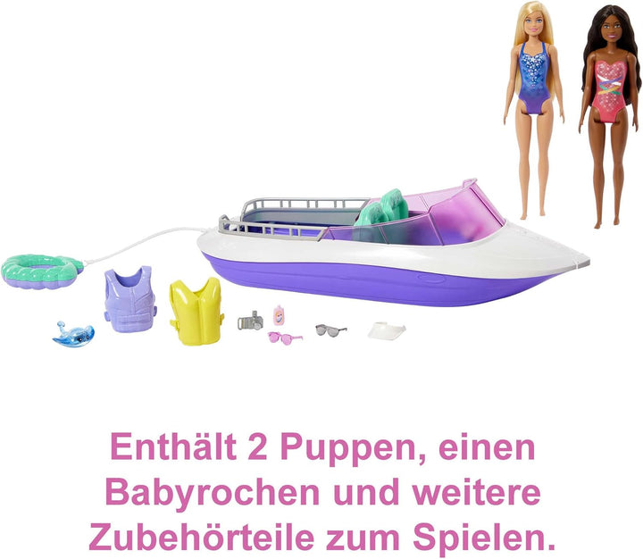 Barbie Malibu Roberts & Brooklyn Puppe - 45,7 cm Schnellboot, 4 Puppen Platz, Glasboden, Schwimmreif