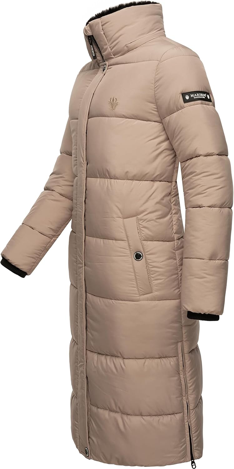 MARIKOO Damen Wintermantel warmer Steppmantel lang mit abnehmbarer Kapuze Reliziaa XS-3XL S Taupe, S