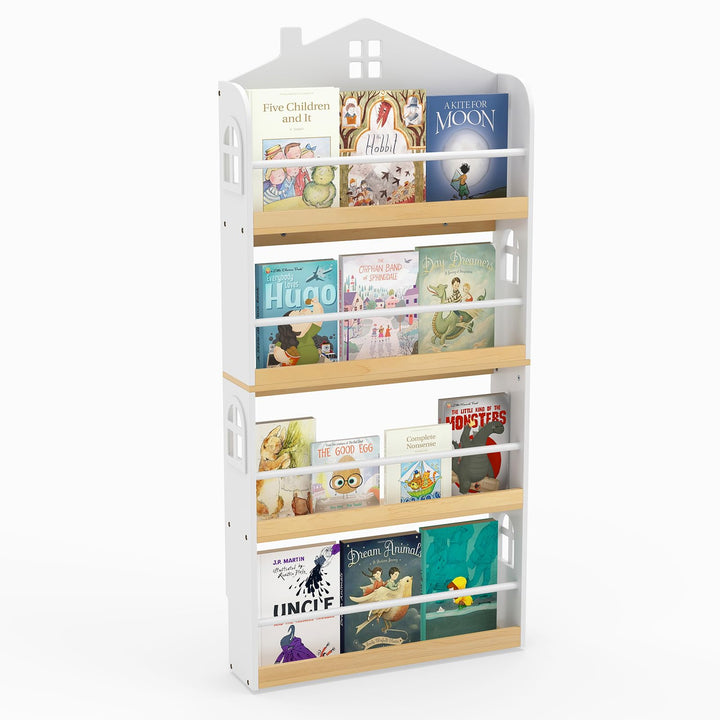 COSTWAY Bücherregal Kinder in Hausform, Kinderregal mit 4 Ablagen & Metallstangen, Wandregal schmal,