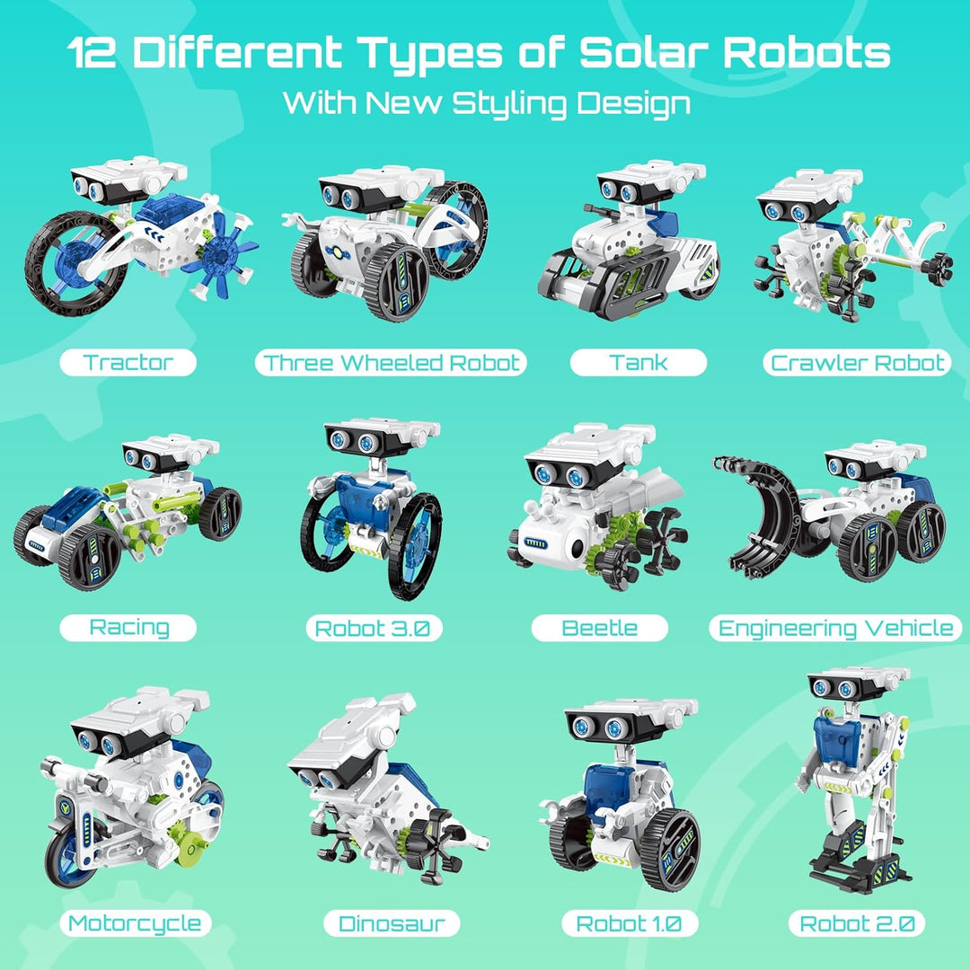 Solar Roboter Spielzeug für Kinder, 12-in-1 Solar Robot Kit Solar oder Wiederaufladbar Batterie Betr