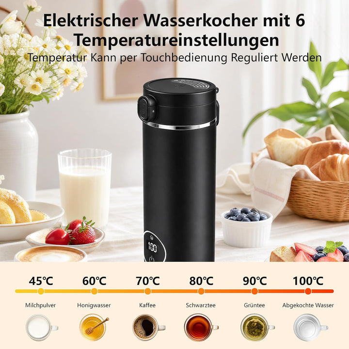 Skeufy 3-in-1 Reise Wasserkocher Klein mit Flaschenhülle &amp; Teesieb, Schwarz, Schwarz
