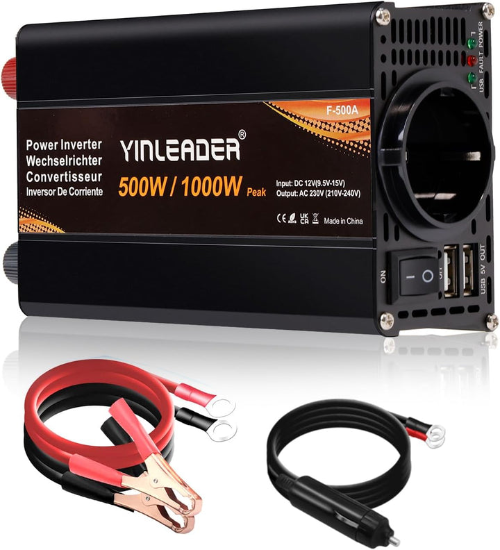 Yinleader Wechselrichter 500W DC 12V auf 230V AC und 1 EU Steckdose 2 USB KFZ-Spannungswandler, 500W