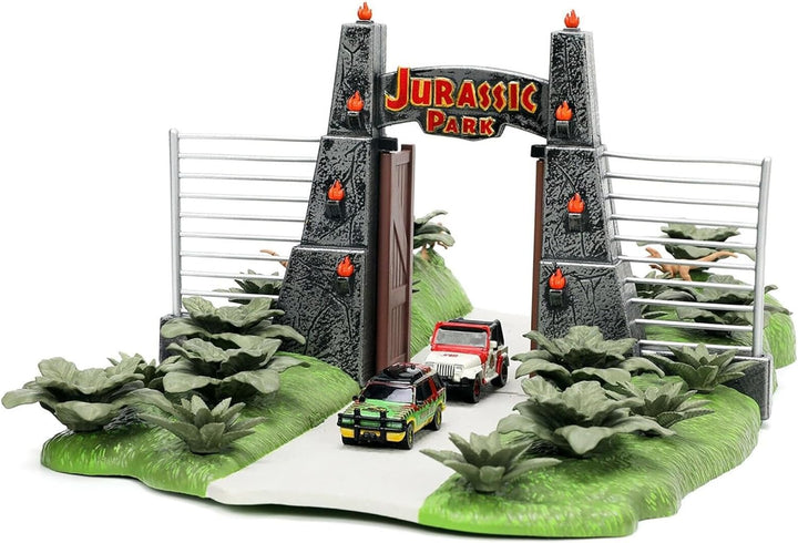 Nano Scene Jurassic Park 30th Anniversary Jurassic Gate Diorama w/ Two 4.2 cm Die-Cast Cars, Toys fo