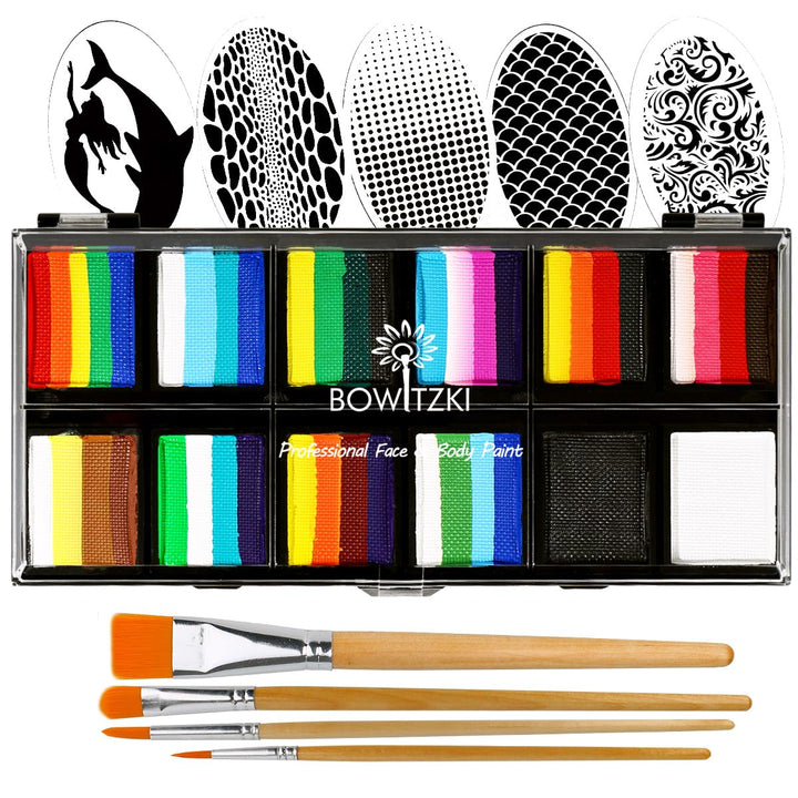 Bowitzki Professionelles Schminkset für Kinder und Erwachsene, 12 x 10 g, Schminkset mit Schablone,