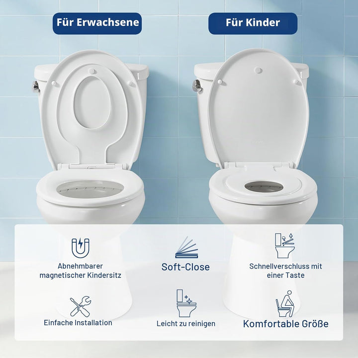 WC Sitz mit Absenkautomatik Oval,Toilettenbrille O, Klobrille Soft Close, Toilettensitz für Bad,Weis