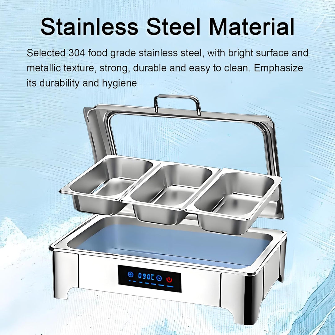 Chafing Dish Elektrisch, Edelstahl Speisewärmer Buffetwärmer 9L mit Sichtbarem Glasdeckel, Einstellb