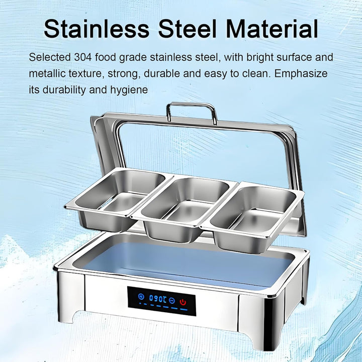 Chafing Dish Elektrisch, Edelstahl Speisewärmer Buffetwärmer 9L mit Sichtbarem Glasdeckel, Einstellb