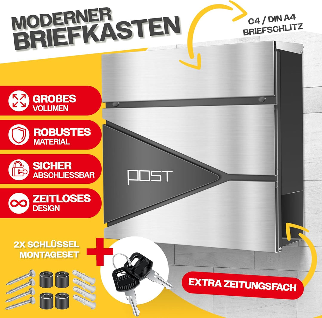 KESSER® Briefkasten mit Zeitungsfach Wandmontage Wandbriefkasten Edelstahl, 2X Schlüssel abschliessb