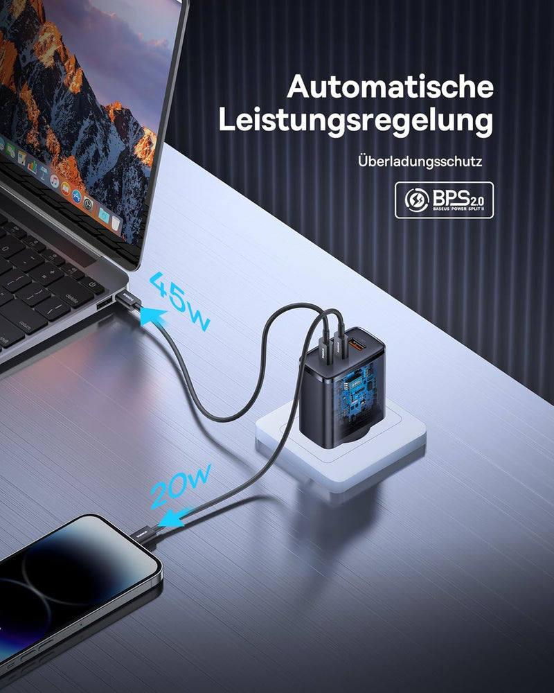 Baseus USB C Ladegerät, 65W USB C Netzteil 3-Port PD Ladegerät mit PPS, GaN Schnellladegerät kompati