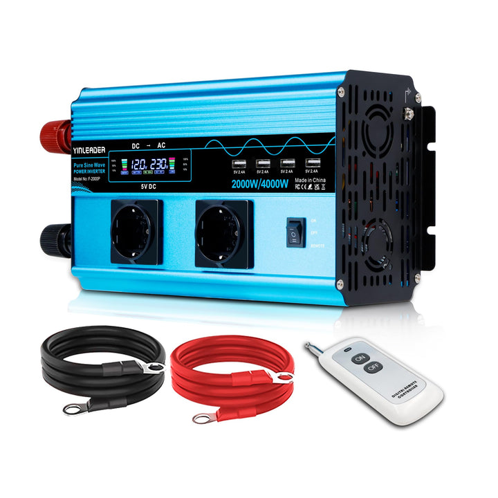 Yinleader Wechselrichter 12V 230V 2000W Reiner Sinus-Spannungswandler mit LCD | 2 Steckdosen und 4 U