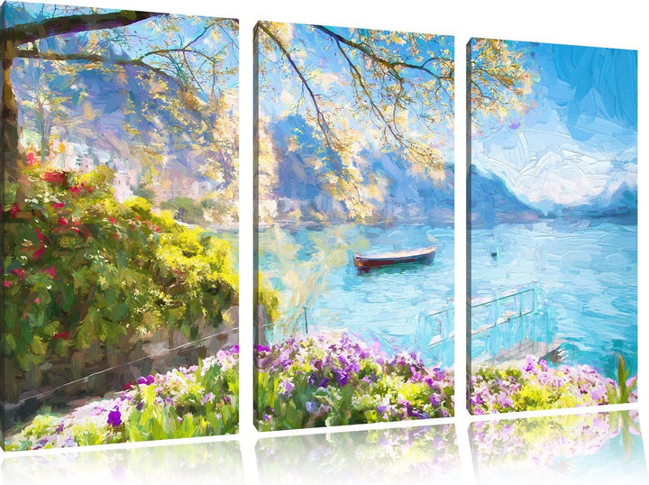Pixxprint Genfer See im Sonnenschein Kunst Pinsel Effekt 3-Teiler Leinwandbild 120x80 Bild auf Leinw