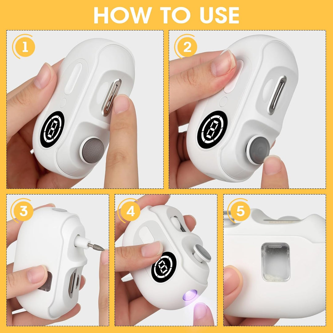 4-in-1 Elektrischer Nagelknipser – Elektrischer Nageltrimmer mit LED-Licht,UV-Lampe und Aufbewahrung