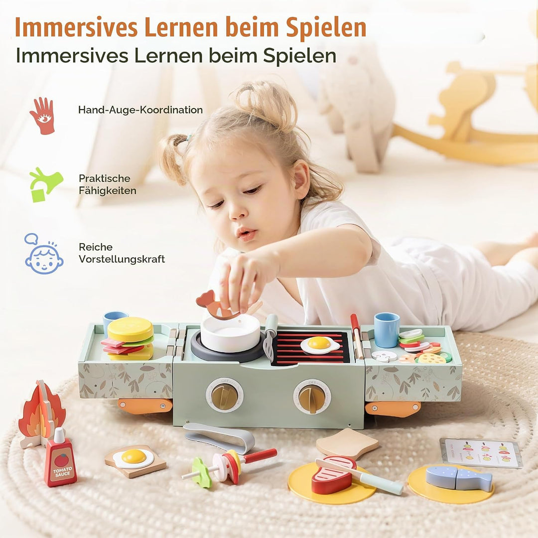 Grillset Kinderküche Spielküche Zubehör Holz, Faltbare Küchenspielzeug ab 3 Jahre, Lebensmittel Spie