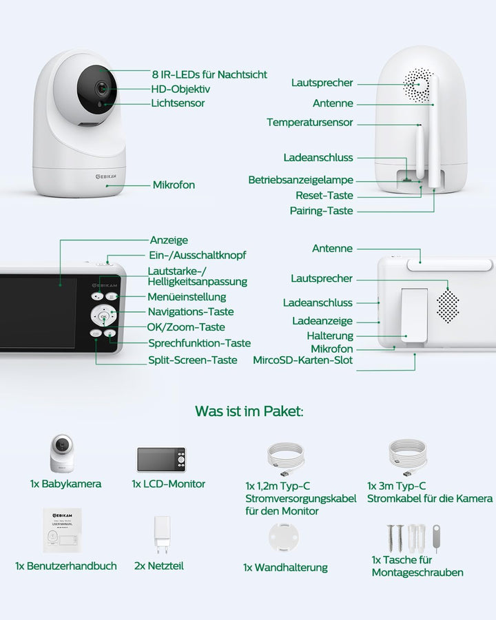 Sebikam Babyphone mit Kamera 5 Zoll 720P HD Bildschirm Video Baby Monitor, 4000mAh Akku PTZ 355° Bab