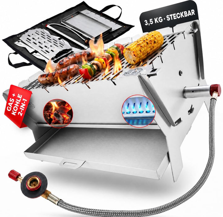 Little Bro Mobiler Steckgrill 2-in-1 Edelstahl Grill für Gas &amp; Kohle - Inkl. Tasche (Grillmatte) &amp; S