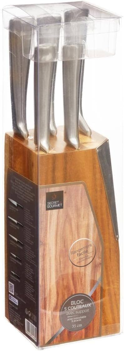 Secret de Gourmet - Block mit 5 messern "silver precision" mit akazienholzhalter - Block 5 Messer, A