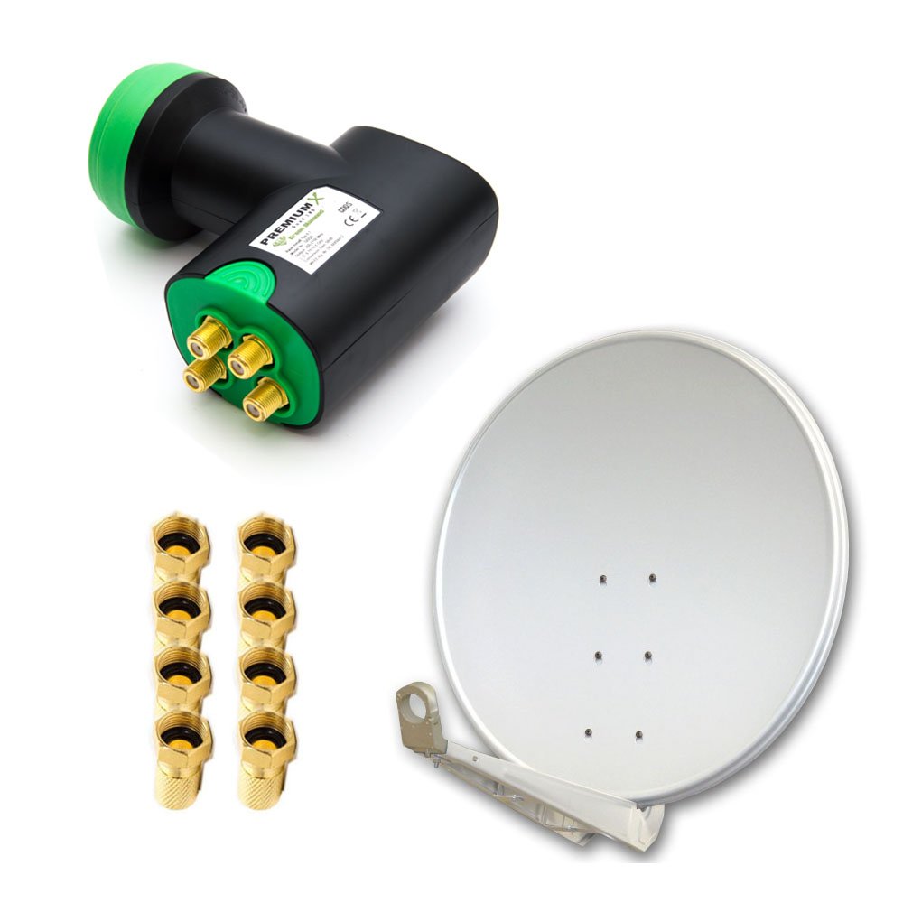 PremiumX Deluxe SAT Anlage für 4 Empfänger 100cm Satellitenantenne ALU Hellgrau mit Green Diamond Qu