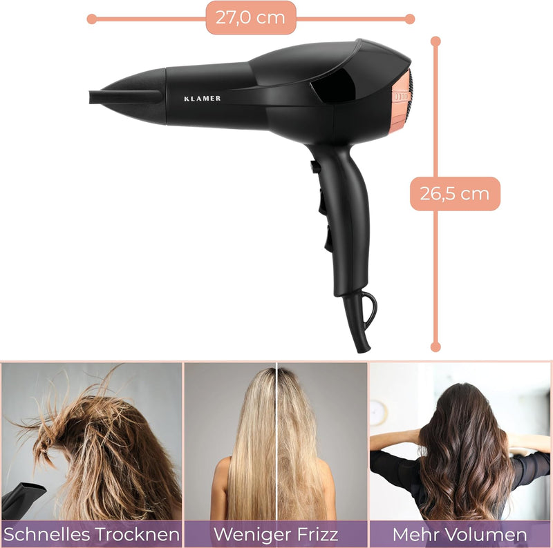 KLAMER Haartrockner 2200W, Ionen Haartrockner, Universal Anti Frizz Haar-föhn, 3 Heiz- & 2 Gebläsest