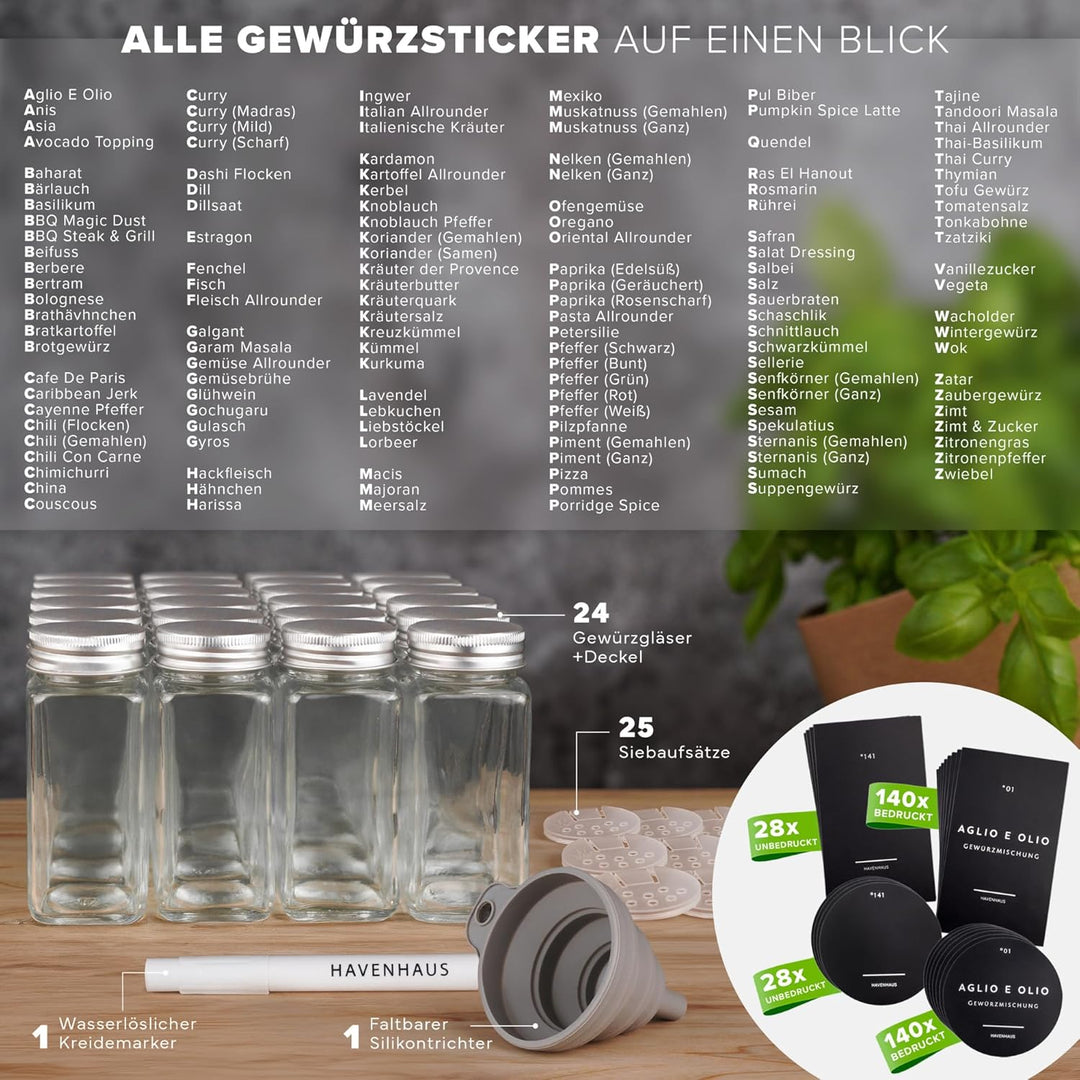 Havenhaus Premium Gewürzgläser Set Aluminium | 24 Gewürz Organizer inkl. 336 deutschen Gewürzetikett