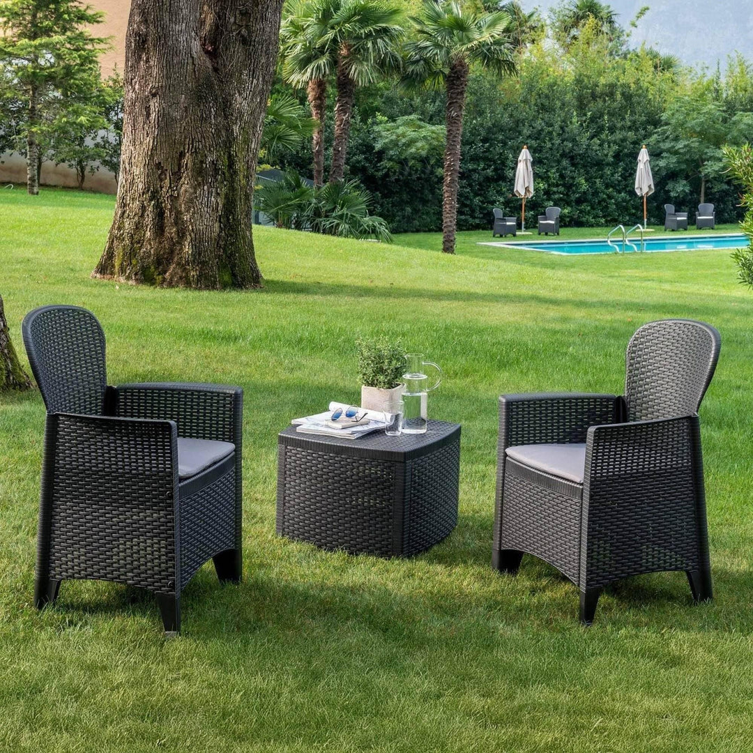 Dmora Gartenset mit Kissen, 2 Sesseln und 1 Outdoor-Container-Tisch, Made in Italy, Farbe Anthrazit