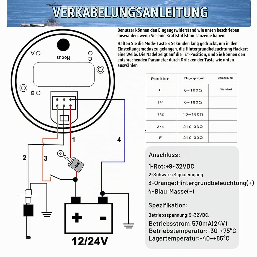 Geloo Kraftstoffanzeige, 52MM Wasserdichte Kraftstoffstandsanzeige Tankuhr 0-190 Ohm 240-33ohm Einst