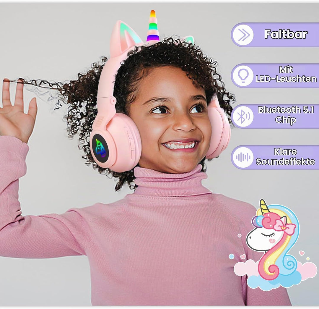 Katzenohr Kopfhörer Kindergeburtstag Geschenke Kind LED Katzenohren Einhorn Bluetooth Kabellose Over