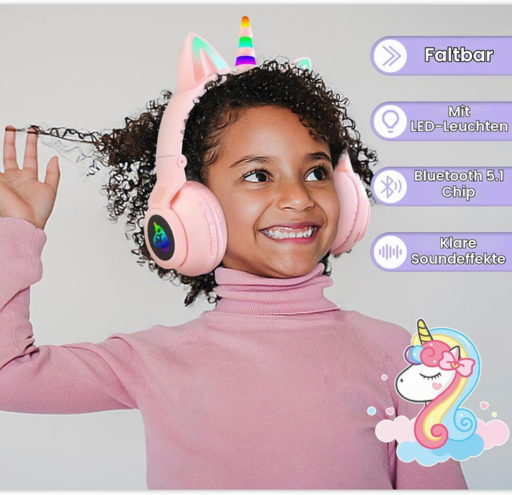 Katzenohr Kopfhörer Kindergeburtstag Geschenke Kind LED Katzenohren Einhorn Bluetooth Kabellose Over