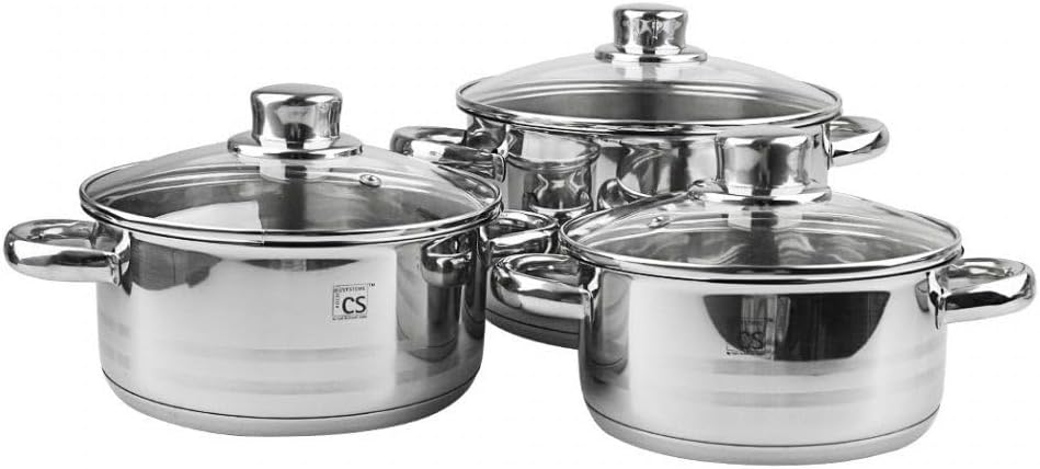 KOCHTOPF-SET mit Glasdeckel 7-teilig Edelstahl rostfrei, hochglänzend mit satinierten Streifen und K