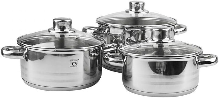 KOCHTOPF-SET mit Glasdeckel 7-teilig Edelstahl rostfrei, hochglänzend mit satinierten Streifen und K