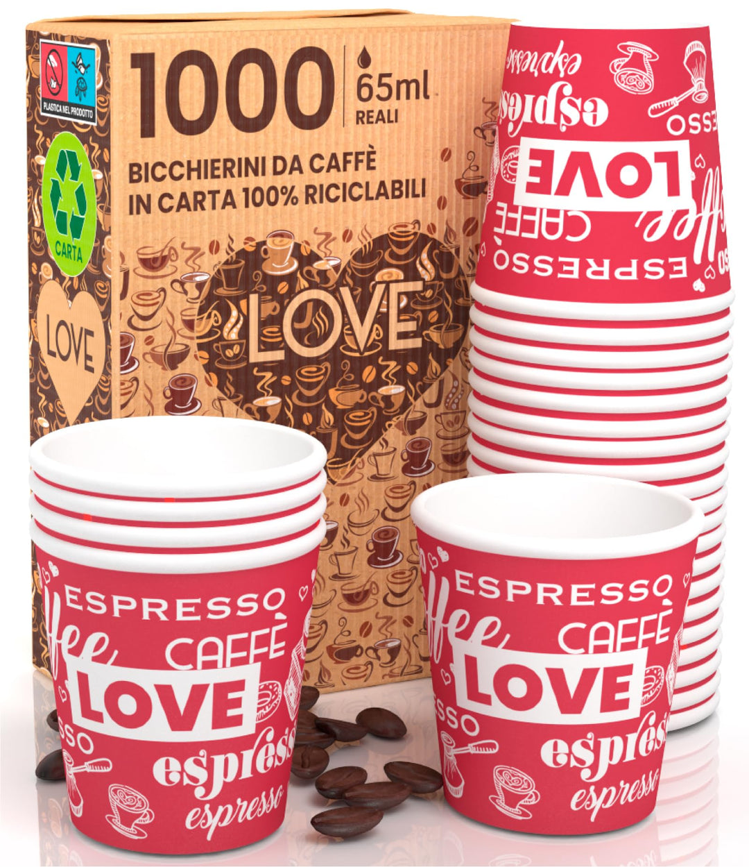 LoveRedCUP 1000 Kaffeebecher aus Papier, 65 ml, umweltfreundlich, biologisch abbaubar, Einwegbecher,