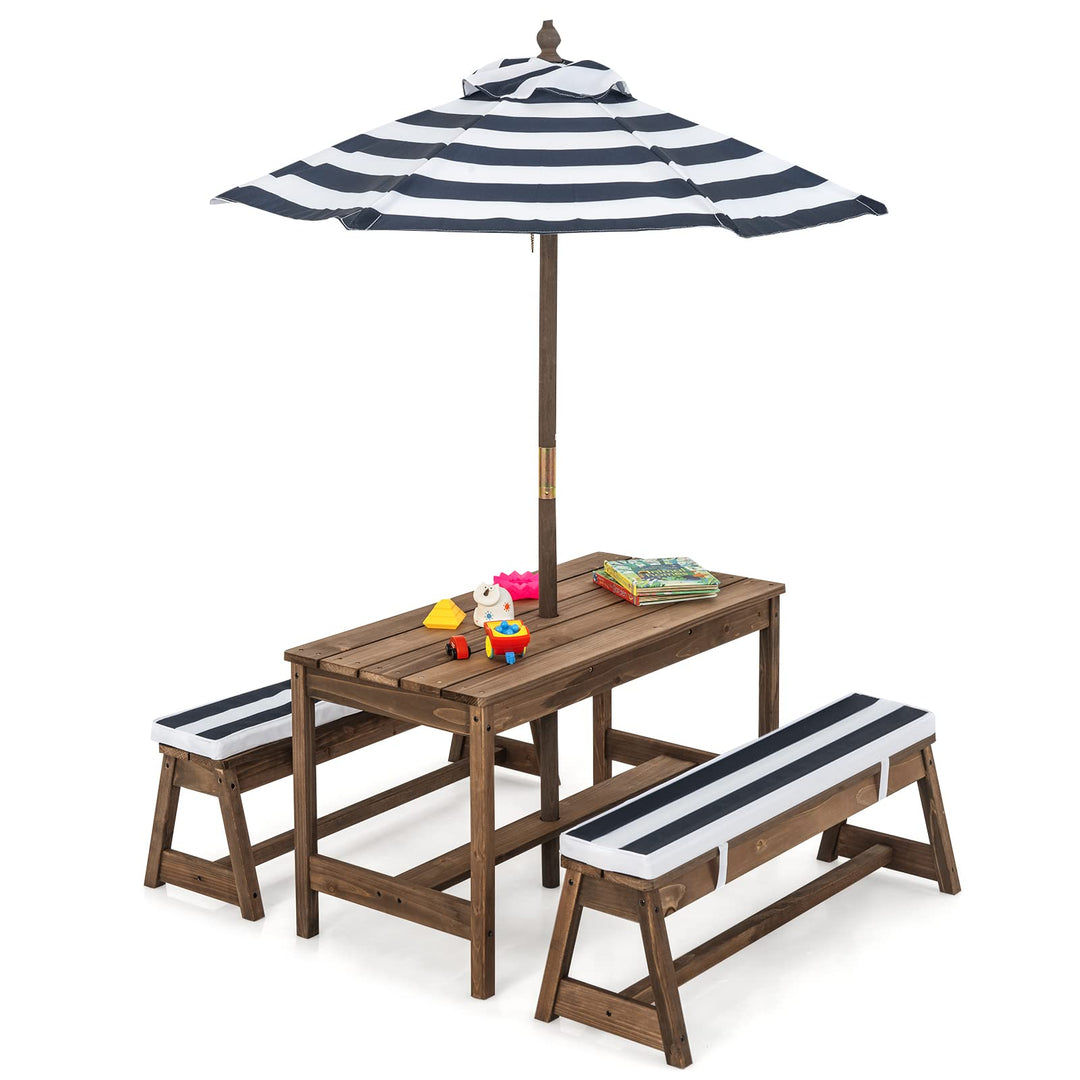GOPLUS Kindermöbelset, Gartentischset mit 2 Bänken, 3-Fach Höhenverstellbarer Sonnenschirm, Tannenho