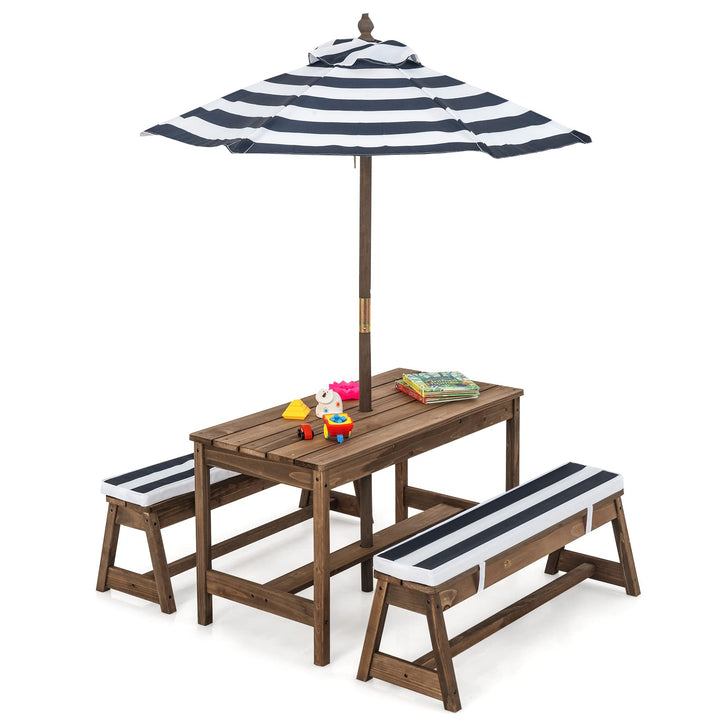 GOPLUS Kindermöbelset, Gartentischset mit 2 Bänken, 3-Fach Höhenverstellbarer Sonnenschirm, Tannenho