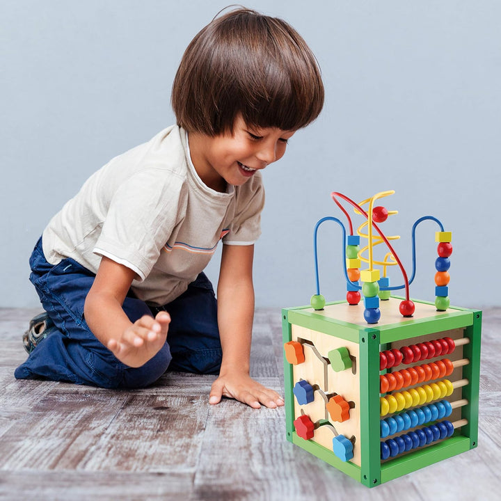 small foot Motorikwürfel „Frühling“ aus Holz, Babyspielzeug mit Vier Spielflächen und Motorikschleif