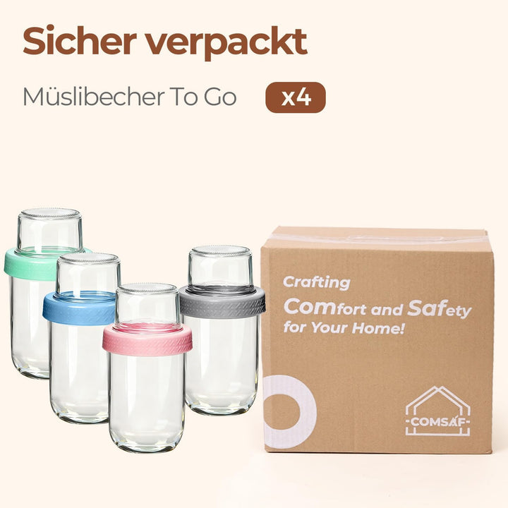 ComSaf Müslibecher to Go 4er Set, 480 ml Overnight Oats Gläser aus Glas mit 120 ml Topping-Fach, Jog