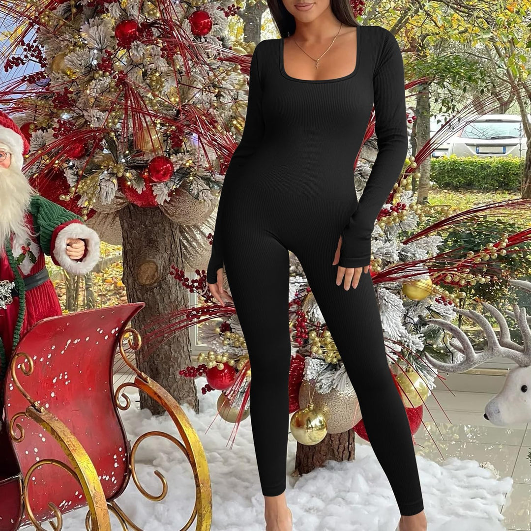 JN JANPRINT Jumpsuit Damen Sport Bodysuit Gerippte Lang Eng Yoga Bodycon Overall Stretch Langarm Str