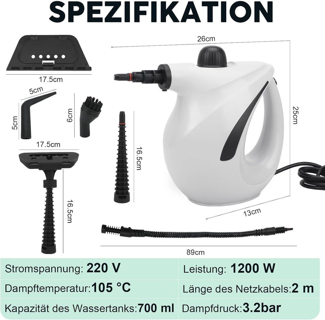 Dampfreiniger Handgerät, 1200W Hand Dampfreiniger für alles mit 8 Zubehör, 3.2 bar Dampfdruck 700ML