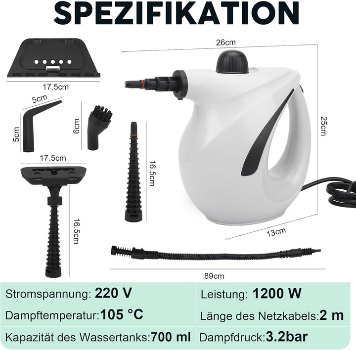 Dampfreiniger Handgerät, 1200W Hand Dampfreiniger für alles mit 8 Zubehör, 3.2 bar Dampfdruck 700ML