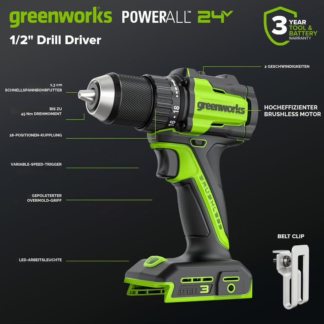 Greenworks 24V Akku-Bohrschrauber Bürstenlos 45 Nm, Leichtgewicht, LED-Licht, 18+1 Drehmomentstufen,