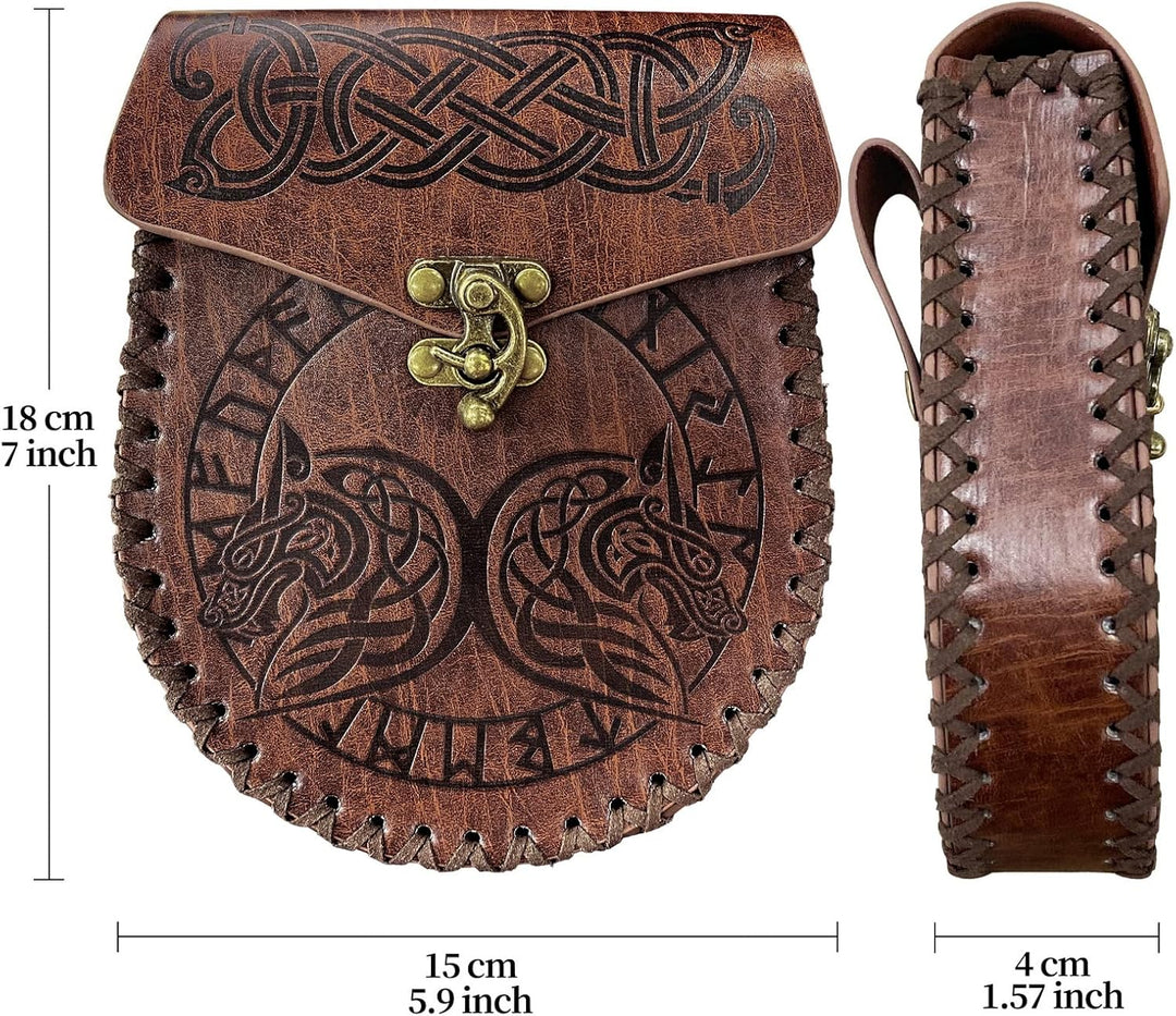 Braune geprägte Gürteltasche, Wikinger-Vintage-Leder-Fanny-Pack-Tasche, mittelalterliche LARP-Gürtel