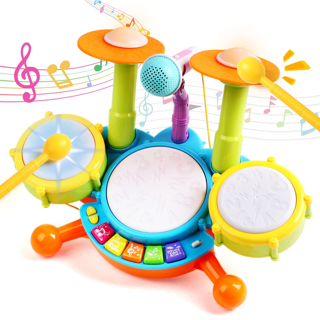 Schlagzeug Kinder Spielzeug - Musikinstrumente für Kinder ab 1 Jahr Mit Kinderreimen &amp; Lichtfunktion